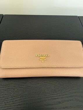 Prada Blush Pink Saffiano Leather Long Wallet with Gold Prada Logo Plaque